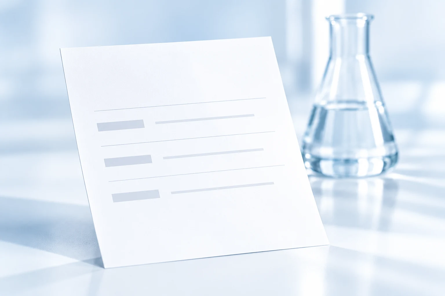 Illustrative blank analytical document beside laboratory glassware